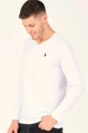 T8587 DEWBERRY V YAKA ERKEK UZUN KOL T-SHIRT-KAR BEYAZ