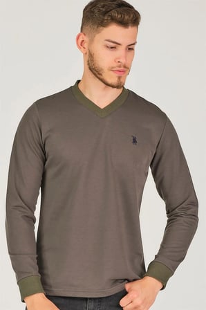 V4002 DEWBERRY V YAKA ERKEK SWEATSHIRT-HAKİ