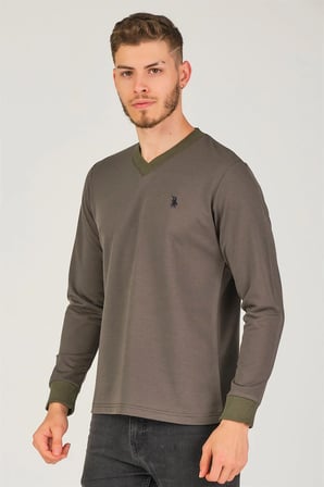 V4002 DEWBERRY V YAKA ERKEK SWEATSHIRT-HAKİ