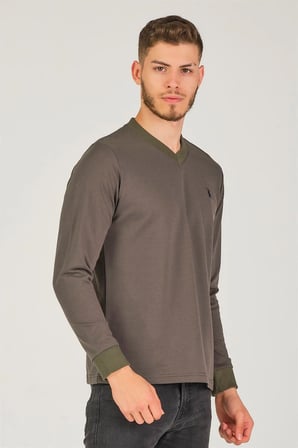 V4002 DEWBERRY V YAKA ERKEK SWEATSHIRT-HAKİ