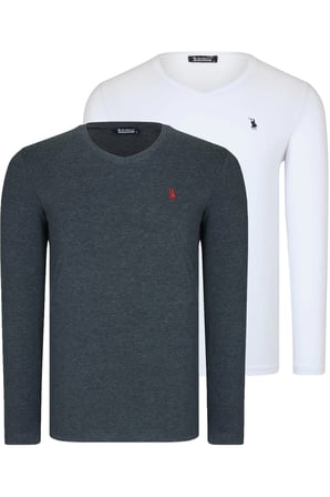 İKİLİ SET T8587 DEWBERRY V YAKA ERKEK SWEATSHIRT-BEYAZ-ANTRASİT