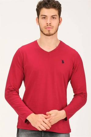 T8587 DEWBERRY V YAKA ERKEK UZUN KOL T-SHIRT-BORDO