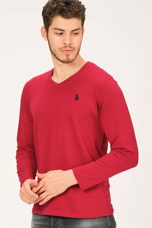 T8587 DEWBERRY V YAKA ERKEK UZUN KOL T-SHIRT-BORDO