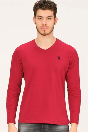 T8587 DEWBERRY V YAKA ERKEK UZUN KOL T-SHIRT-BORDO