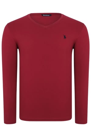 T8587 DEWBERRY V YAKA ERKEK UZUN KOL T-SHIRT-DÜZ BORDO