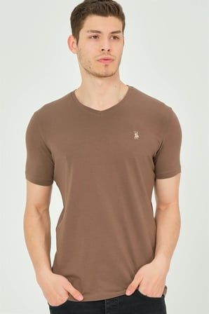 T8568 DEWBERRY V YAKA ERKEK T-SHIRT-KAHVE