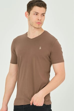 T8568 DEWBERRY V YAKA ERKEK T-SHIRT-KAHVE