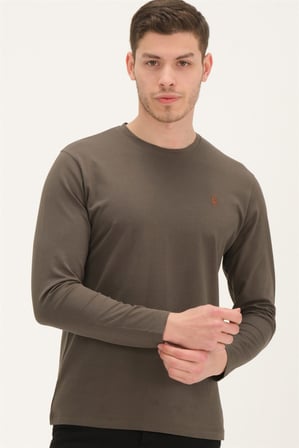 T8588 DEWBERRY BİSİKLET YAKA UZUN KOL T-SHIRT-KOYU HAKİ