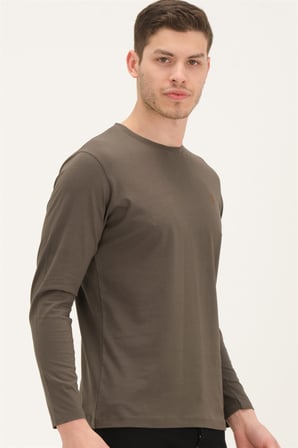 T8588 DEWBERRY BİSİKLET YAKA UZUN KOL T-SHIRT-KOYU HAKİ