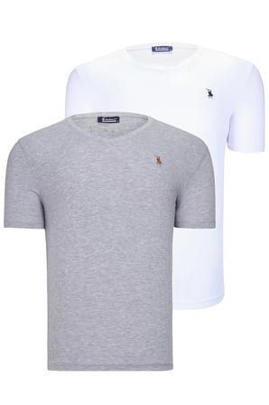 İKİLİ SET T8568 DEWBERRY V YAKA ERKEK T-SHIRT-AÇIK GRİ-KAR BEYAZ