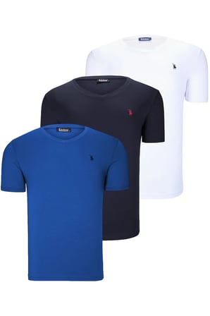 ÜÇLÜ SET T8568 DEWBERRY V YAKA ERKEK T-SHIRT-KOYU LACİVERT-KAR BEYAZ-AÇIK SAKS