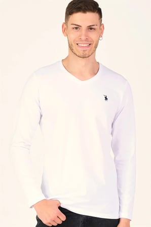 T8587 DEWBERRY V YAKA ERKEK UZUN KOL T-SHIRT-AÇIK BEYAZ