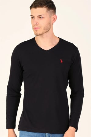 T8587 DEWBERRY V YAKA ERKEK UZUN KOL T-SHIRT-KÖMÜR SİYAH