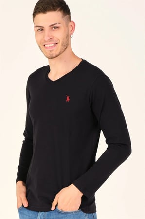 T8587 DEWBERRY V YAKA ERKEK UZUN KOL T-SHIRT-KÖMÜR SİYAH