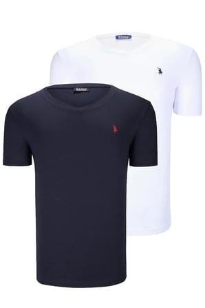İKİLİ SET T8568 DEWBERRY V YAKA ERKEK T-SHIRT-LACİVERT-BEYAZ