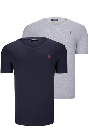 İKİLİ SET T8568 DEWBERRY V YAKA ERKEK T-SHIRT-LACİVERT - GRİ