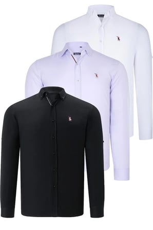 Dewberry Erkek Gömlek 3'lü Set Siyah-Beyaz-Lila G674 | 3 Adet Çoklu Paket, Günlük ve Ofis Giyimi, Jean, Chino ve Kumaş Pantolon Kombinleri, İşten Hafta Sonuna Şehir Gardırobu, Arkadaş Buluşmaları ve Akşam Yemeği, Loafer veya Sneaker ile Kombinleme