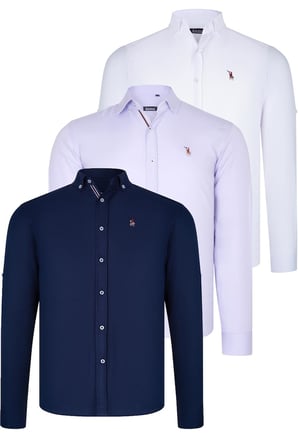 Dewberry Erkek Gömlek 3'lü Set Lacivert-Beyaz-Lila G674 | 3 Adet Çoklu Paket, Günlük ve Ofis Giyimi, Jean, Chino ve Kumaş Pantolon Kombinleri, İşten Hafta Sonuna Şehir Gardırobu, Arkadaş Buluşmaları ve Akşam Yemeği, Loafer veya Sneaker ile Kombinleme