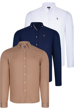 ÜÇLÜ SET G674 DEWBERRY ERKEK GÖMLEK-LACİVERT-BEYAZ-CAMEL