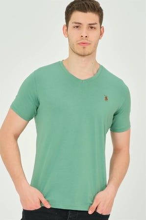T8568 DEWBERRY V YAKA ERKEK T-SHIRT-DÜZ AÇIK YEŞİL