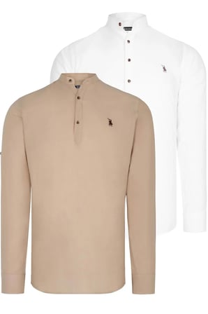 Dewberry Erkek Hakim Yaka Gömlek 2'li Set Beyaz-Bej G783 | Jean, Chino ve Kumaş Pantolon Kombinleri, Ceket ve Blazer Altına Smart Casual Stil, İşten Hafta Sonuna Şehir Gardırobu, Arkadaş Buluşmaları ve Akşam Yemeği, Loafer veya Sneaker ile Kombinleme