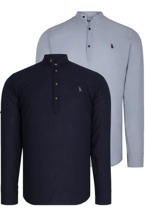 Dewberry Erkek Hakim Yaka Gömlek 2'li Set Lacivert-Gri G783 | Günlük ve Ofis Giyimi, Jean, Chino ve Kumaş Pantolon Kombinleri, Ceket ve Blazer Altına Smart Casual Stil, İşten Hafta Sonuna Şehir Gardırobu, Arkadaş Buluşmaları ve Akşam Yemeği
