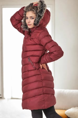 Z9690 DEWBERRY KÜRKLÜ KAPŞONLU BAYAN KABAN-BORDO