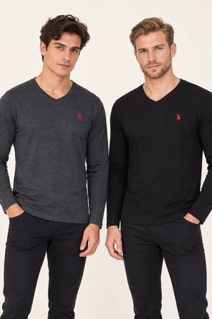 İKİLİ SET T8587 DEWBERRY V YAKA ERKEK SWEATSHIRT-SİYAH-ANTRASİT
