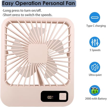 Küçük Masa Fanı, Taşınabilir USB Şarj Edilebilir, 2000mAh Pil ve LCD Ekranlı Eğilebilir Katlanabilir Kişisel Mini Fan, Güçlü Rüzgar, Ultra Sessiz, Ofis, Ev, Kamp için 5 Hız Modu