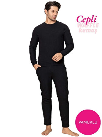 Erkek Bisiklet Yaka Düğmesiz Kışlık Waffle Pamuklu Kumaş Uzun Manşetli Kol Cepli Pijama Takımı 