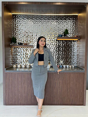 Crop Ceket Cep Detaylı Etek Takım  TKM 08008