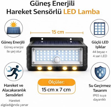 Panter Solar Hareket Sensörlü LED Duvar Lambası 3W 44 SMD Beyaz + 4 Gün Işığı LED, 300 Lümen, IP65 Su Geçirmez, 3 Modlu Güneş Enerjili Aplik, Balkon ve Bahçe Aydınlatması