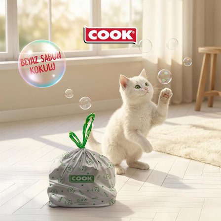 Kedi Tuvaleti Büzgülü Çöp Torbası, 55 x 30 cm, 20 Yaprak, Sabun Kokulu, Beyaz
