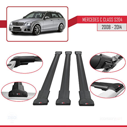 Mercedes C Class 3 (S204) 2008-2014 Arası ile Uyumlu FLY Model Ara Atkı Tavan Barı Siyah 3 Adet