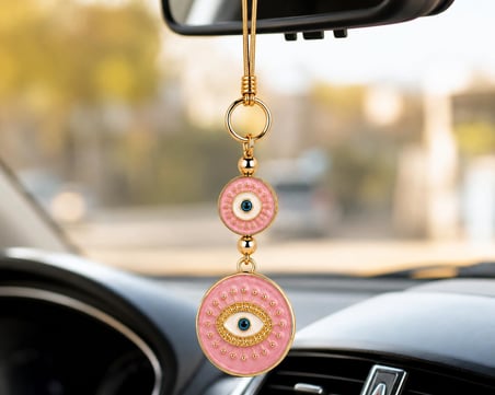 Özel Seri Pembe Nazar Boncuklu Araba Dikiz Aynası Süsü – Luxury Gold Detaylı Premium Araç İçi Aksesuar – Kadınlara Özel Estetik Oto Dekoru