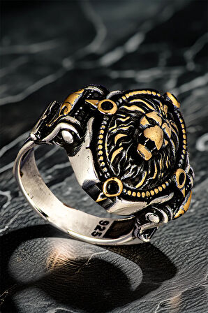 Erkek Aslan Kafası Motifli Yanı Zirkon Taşlı 925 Ayar Gümüş Yüzük