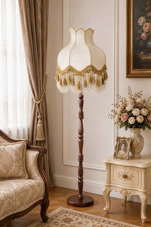 Beyaz Kadife Gold Detaylı Başlık Kahverengi Ahşap Ayaklı Lambader Vintage Model 170x45cm