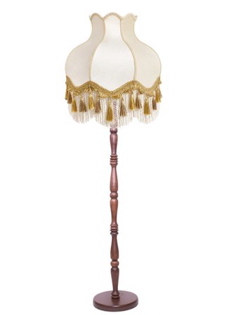 Beyaz Kadife Gold Detaylı Başlık Kahverengi Ahşap Ayaklı Lambader Vintage Model 170x45cm