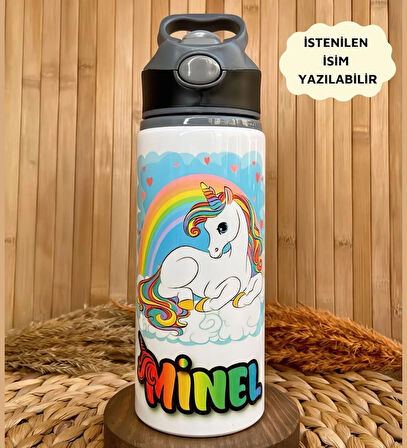 Kişiye Özel İsimli Gökkuşağı Unicorn Temalı Kız Çocuk Pipetli Matara Suluk 650 ml