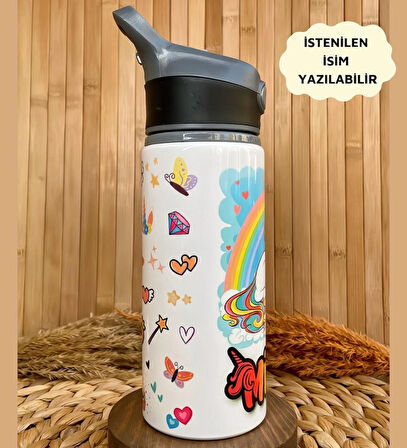 Kişiye Özel İsimli Gökkuşağı Unicorn Temalı Kız Çocuk Pipetli Matara Suluk 650 ml