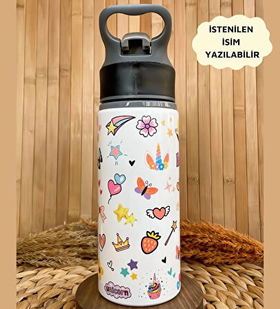 Kişiye Özel İsimli Gökkuşağı Unicorn Temalı Kız Çocuk Pipetli Matara Suluk 650 ml