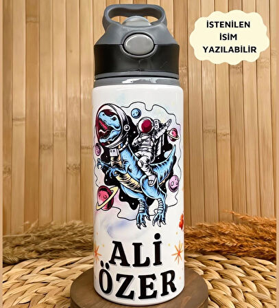 Kişiye Özel İsimli Erkek Çocuk Astronot Uzay Dinozor Temalı Pipetli Suluk Matara 650 ml