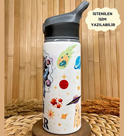 Kişiye Özel İsimli Erkek Çocuk Astronot Uzay Dinozor Temalı Pipetli Suluk Matara 650 ml