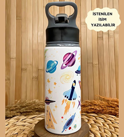 Kişiye Özel İsimli Erkek Çocuk Astronot Uzay Dinozor Temalı Pipetli Suluk Matara 650 ml