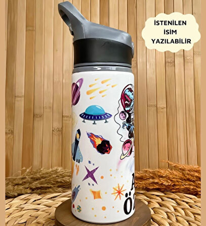 Kişiye Özel İsimli Erkek Çocuk Astronot Uzay Dinozor Temalı Pipetli Suluk Matara 650 ml