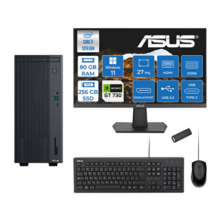 Asus Expertcenter P500MV Intel Core I7-13620H 80GB Ddr5 256GB SSD WIN11HOME 4GB/GT730 100HZ IPS 27" Mon Minitower Masaüstübilgisayar WF7136216512B0DH26+ZETTAUSBBELLEK