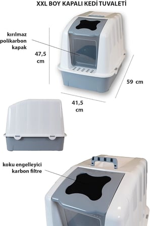 XXL Büyük Boy Kapalı Kedi Tuvaleti, Filtreli ve Kürek Hediyeli, 59x41,5x47,5 cm - VN11097