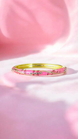 Taşlı Çiçek Motifli Pembe Mineli Çelik Bilezik