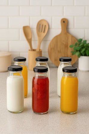 6 Adet 250 ml Beslenme Şeffaf Meyve Suyu, Meşrubat, Limonata Şişesi Metal Kapaklı 250 Cc Şişe (Siyah)