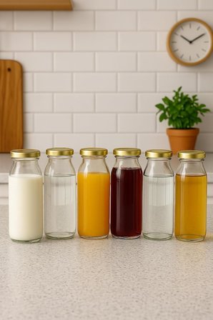 6 Adet 250 ml Beslenme Şeffaf Meyve Suyu, Meşrubat, Limonata Şişesi Metal Kapaklı 250 Cc Şişe (Siyah)
